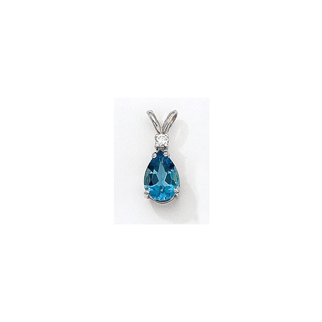 14K White Gold Pear Blue Topaz and Diamond Pendant