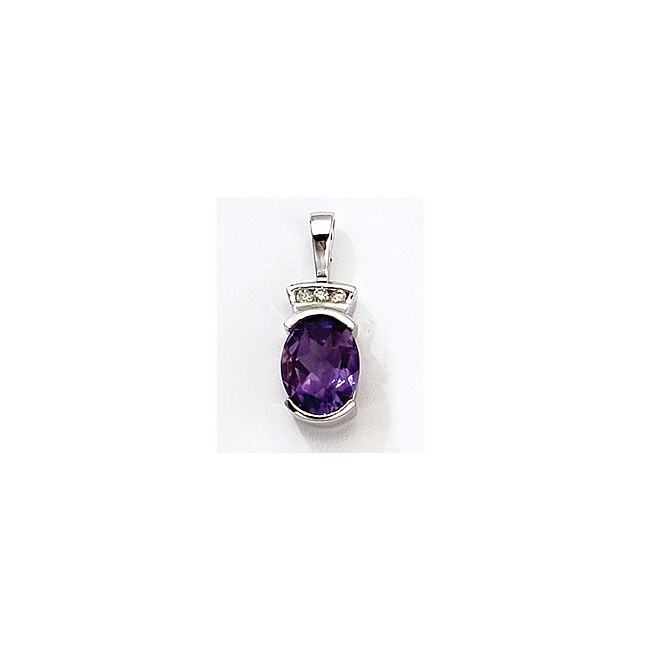 14K White Gold Oval Amethyst and Diamond Pendant