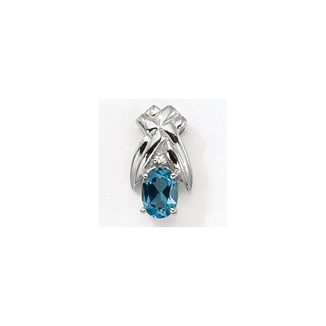 14K White Gold Oval Blue Topaz and Diamond Pendant