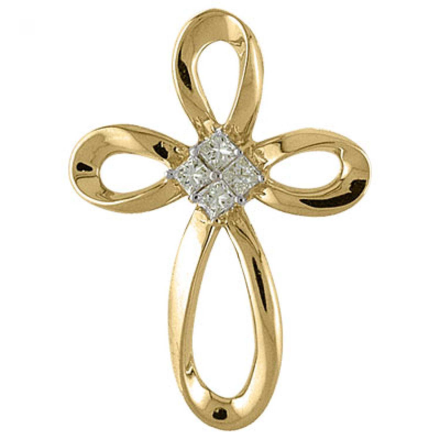 14K Yellow Gold Princess Diamond Cross Pendant