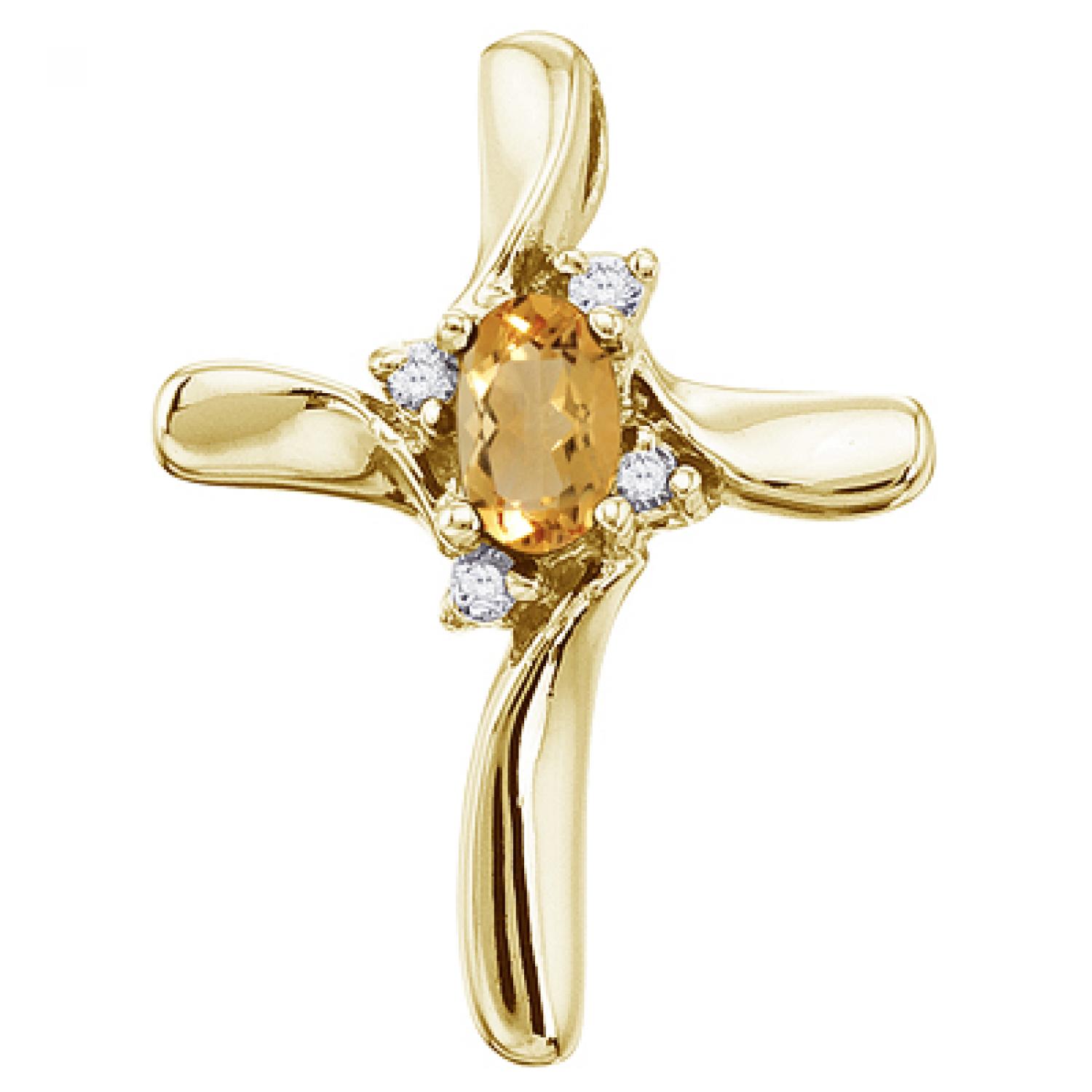 14K Yellow Gold Oval Citrine and Diamond Cross Pendant