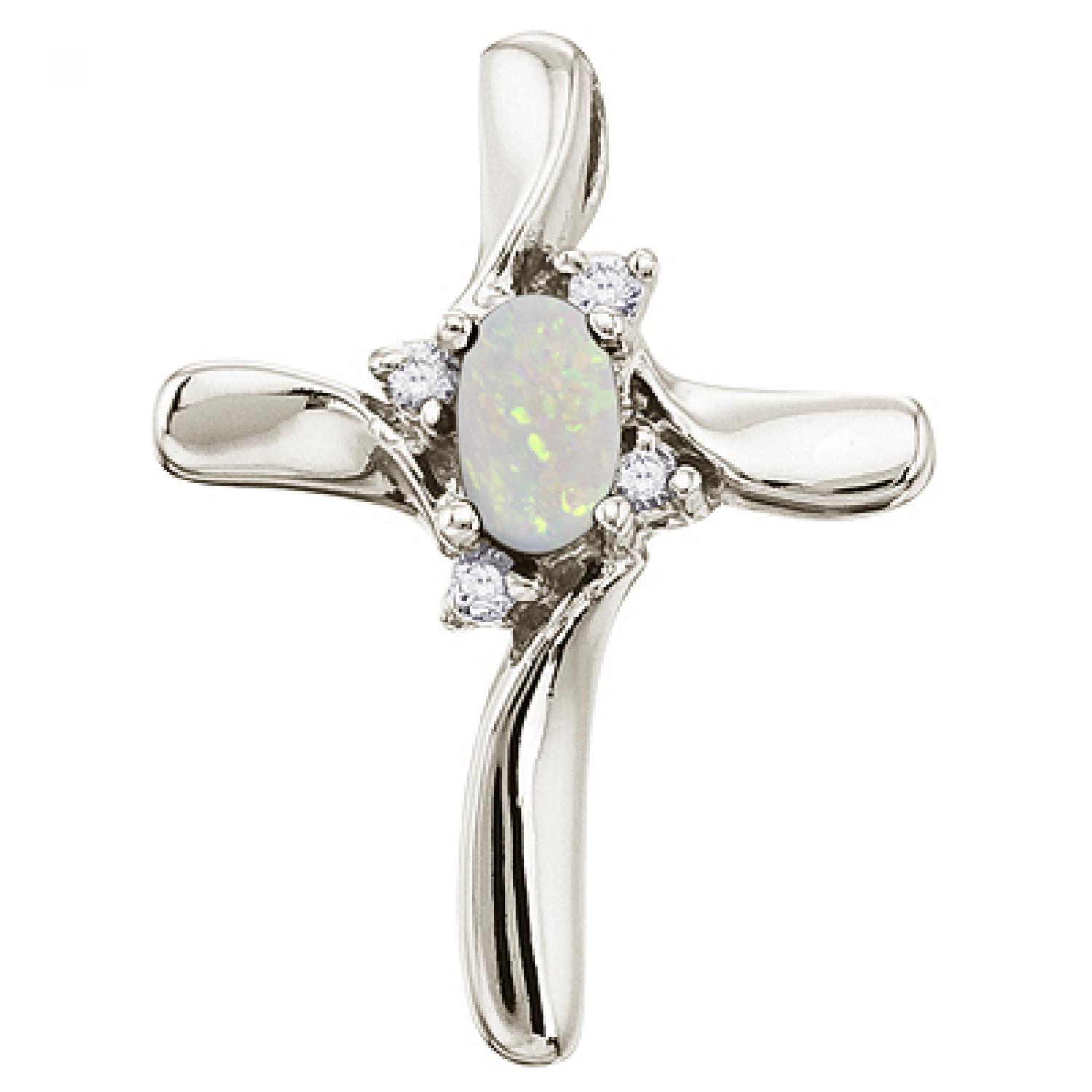 14K White Gold Oval Opal and Diamond Cross Pendant