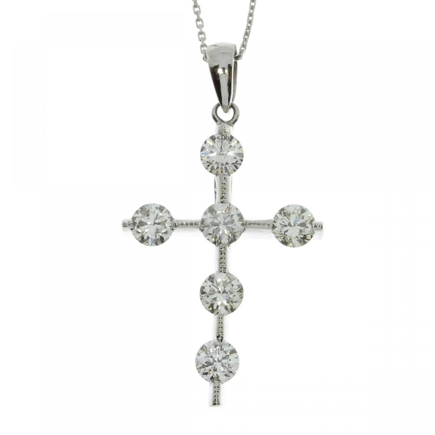 14K White Gold .85 Ct Diamond Tension Set Cross Pendant