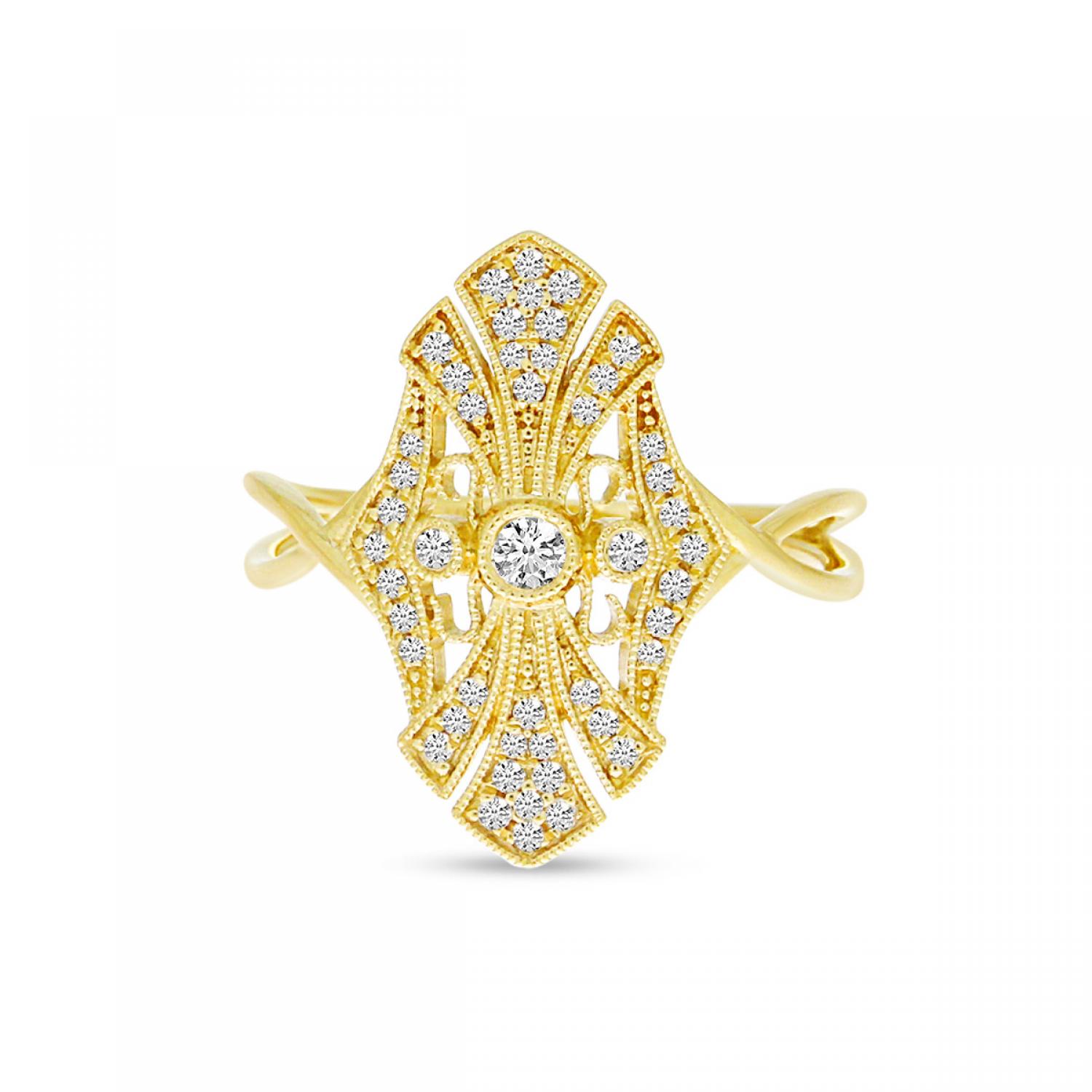 14K Yellow Gold Diamond Art Deco Fashion Ring