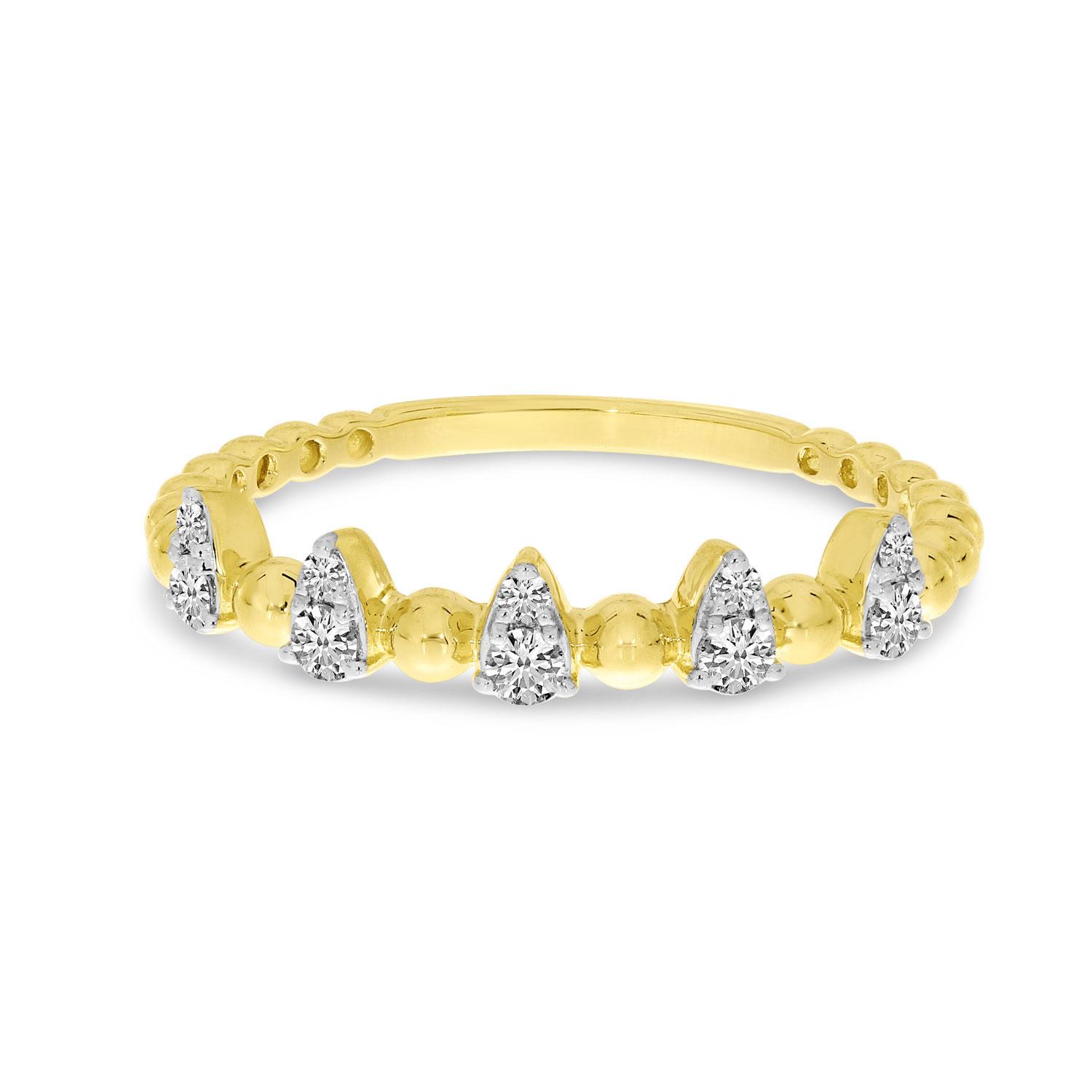 14K Yellow Gold Beaded Band Diamond Spike Ring