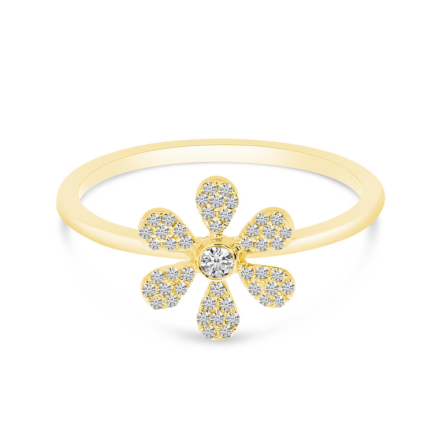 14K Yellow Gold Pave Diamond Flower Ring