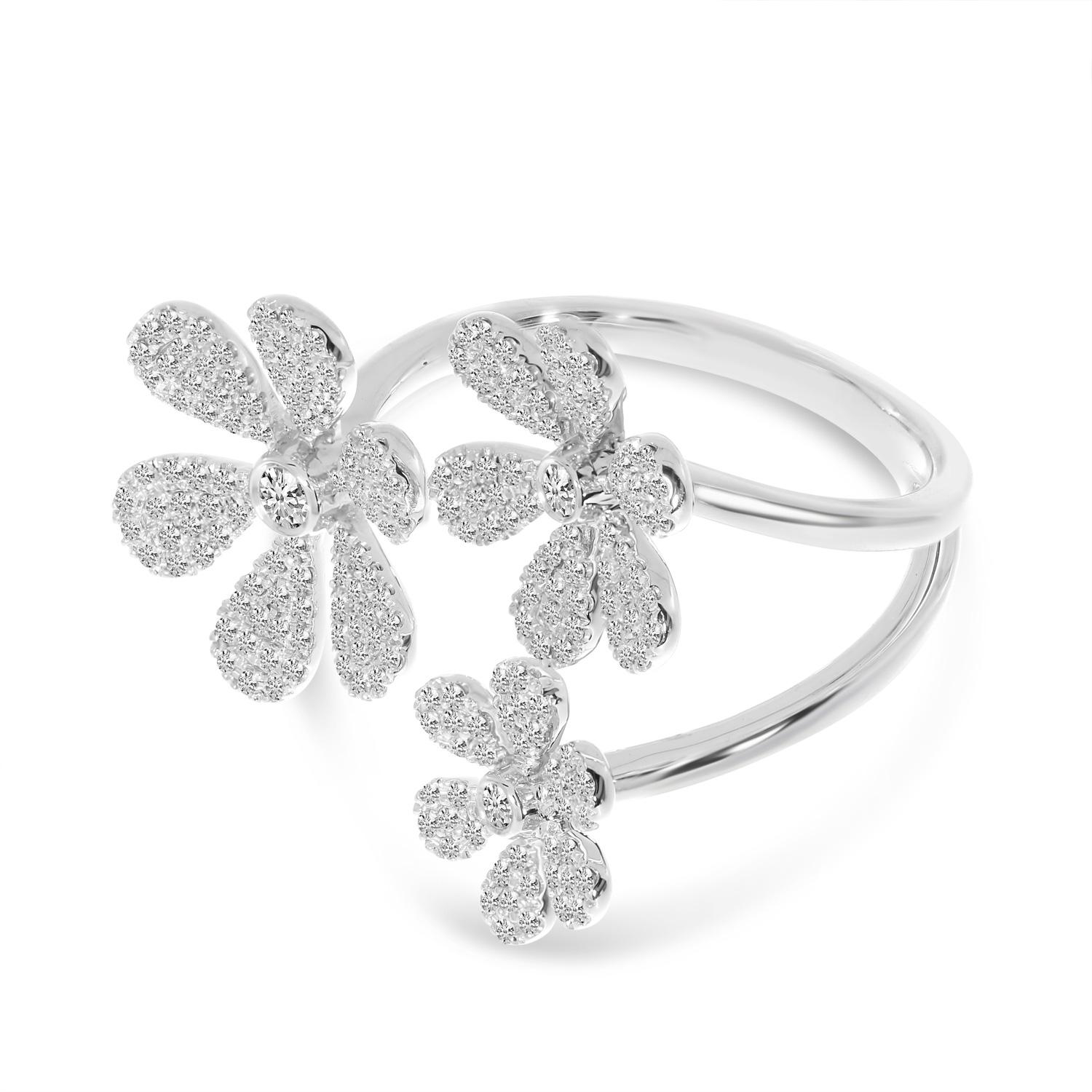 14K White Gold Triple Pave Diamond Flower Ring