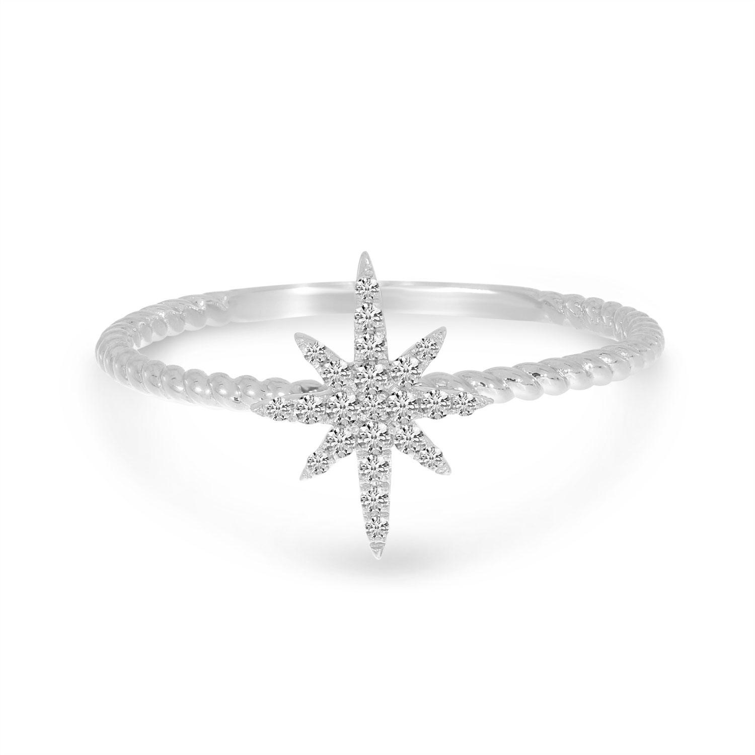 14K White Gold Starburst Twist Band Diamond Ring