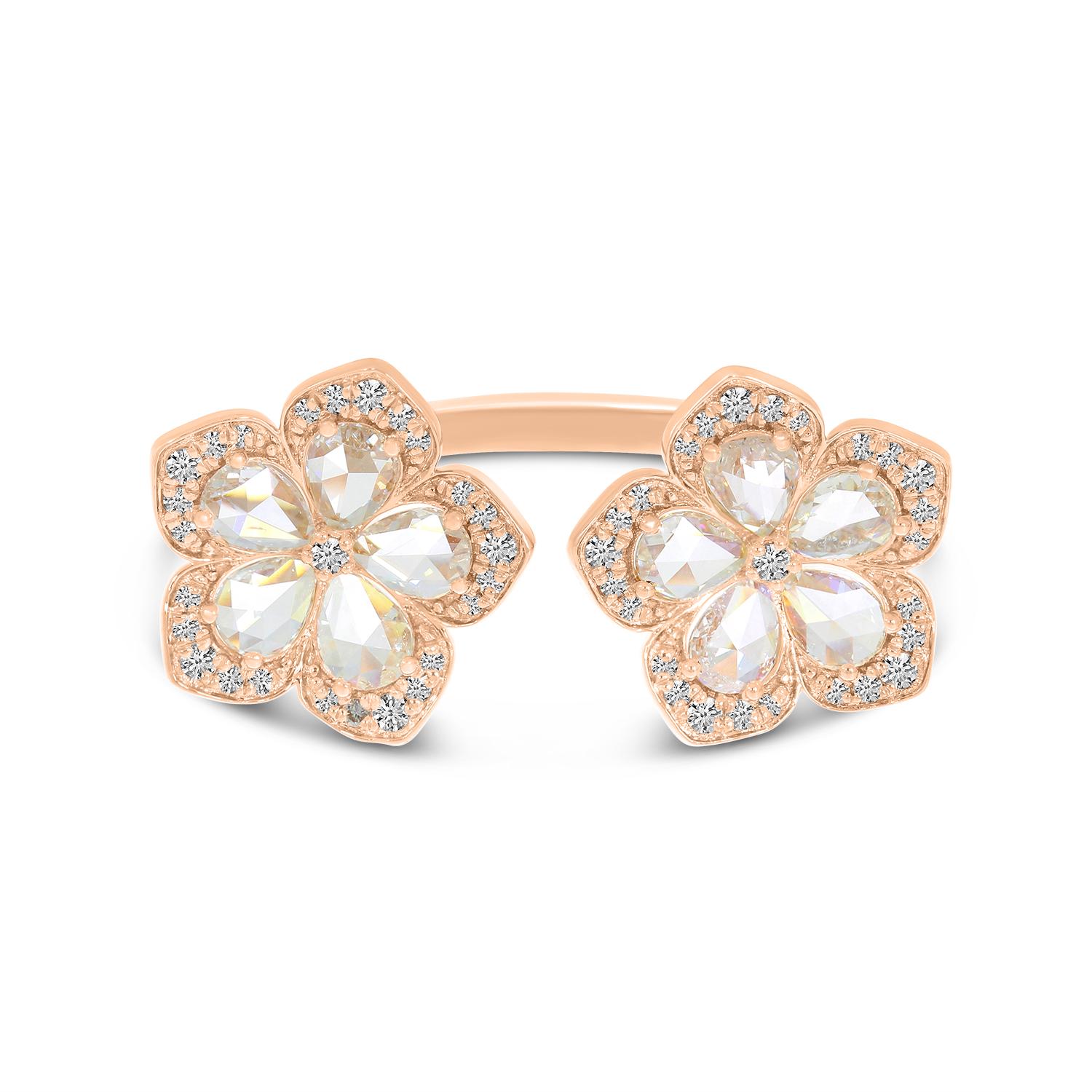 14K Rose Gold Rose Cut Diamond Floral Duo Ring