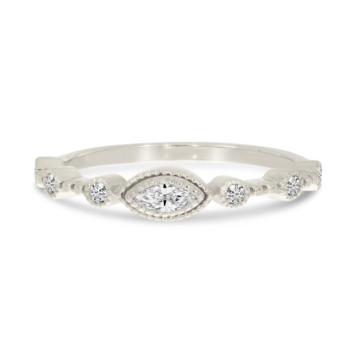 14K White Gold Marquis Diamond Millgrain Ring