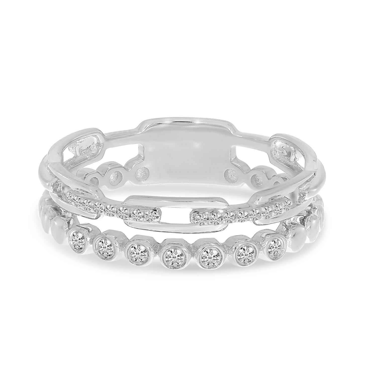 14K White Gold Diamond Bezel & Link Double Row Ring