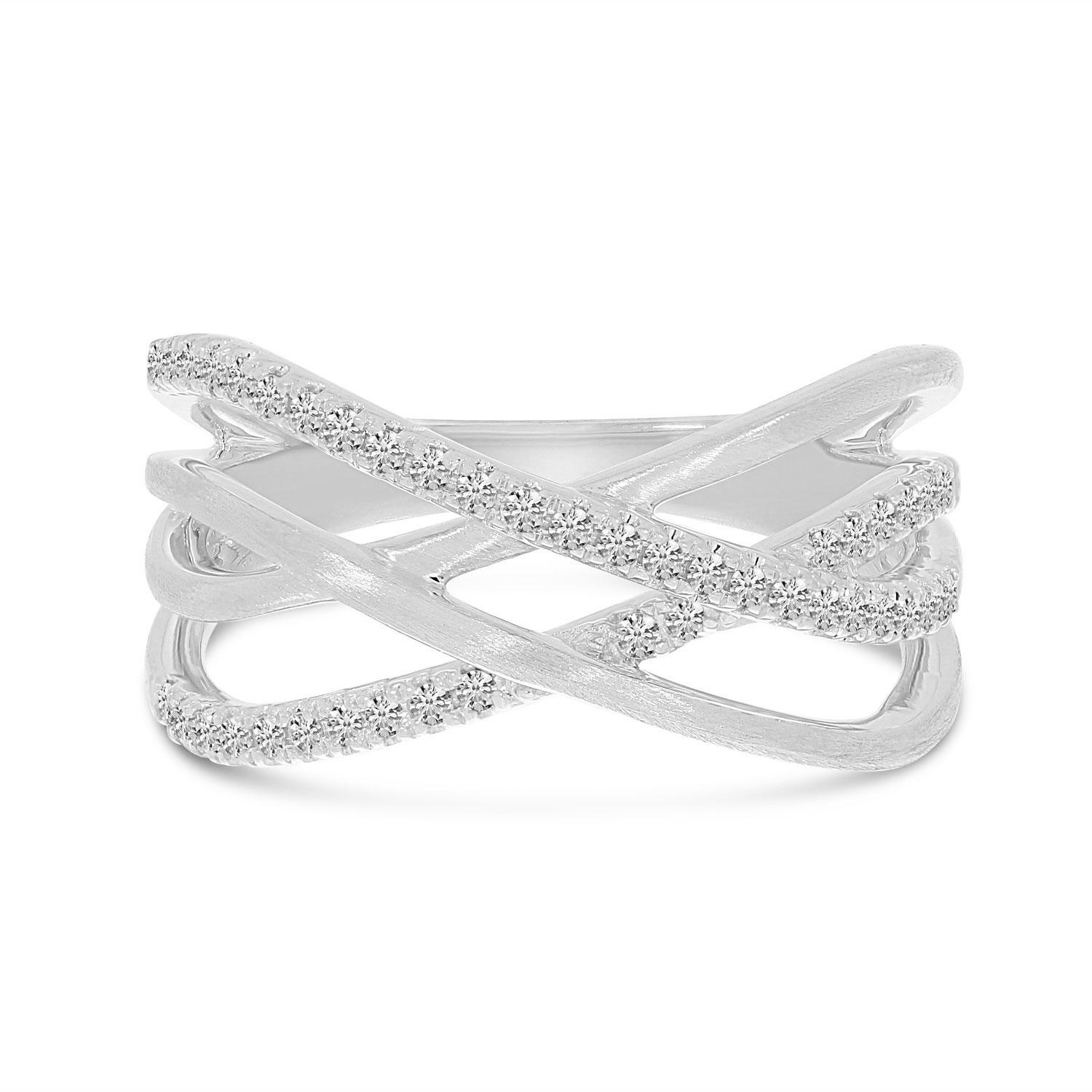 14K White Gold Diamond Brushed Crossover Ring