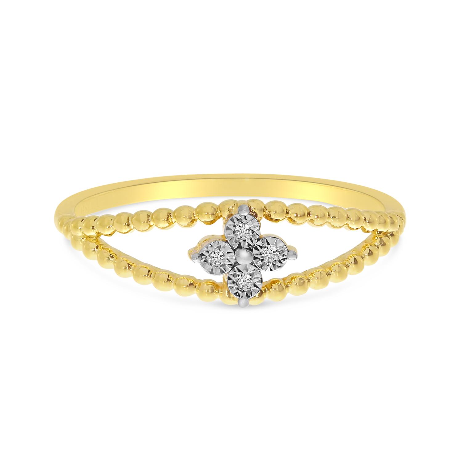 14K Yellow Gold Diamond Cluster Beaded Band ring