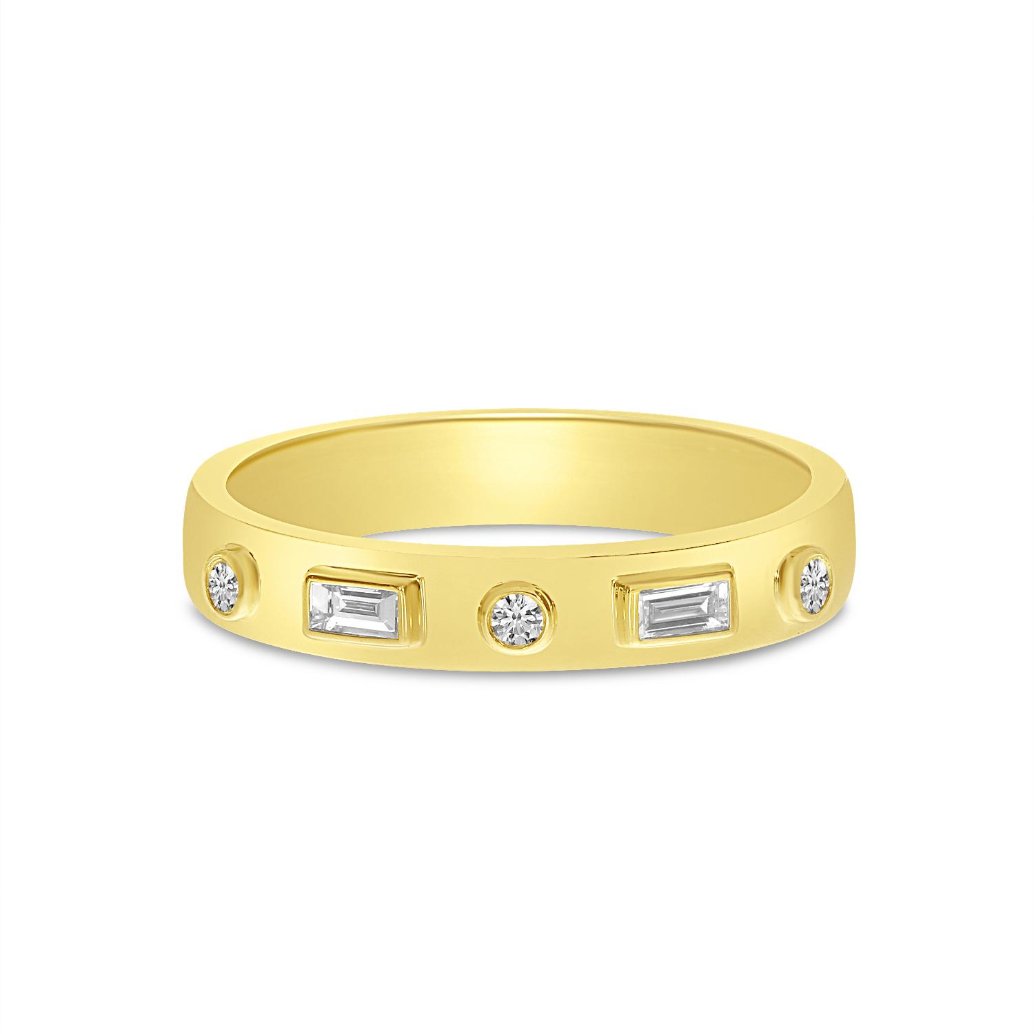 14K Yellow Gold Round and Baguette Diamond Band