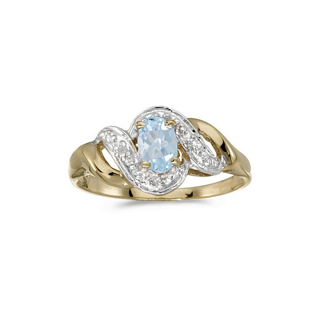 10k Yellow Gold Oval Aquamarine And Diamond Swirl Ring