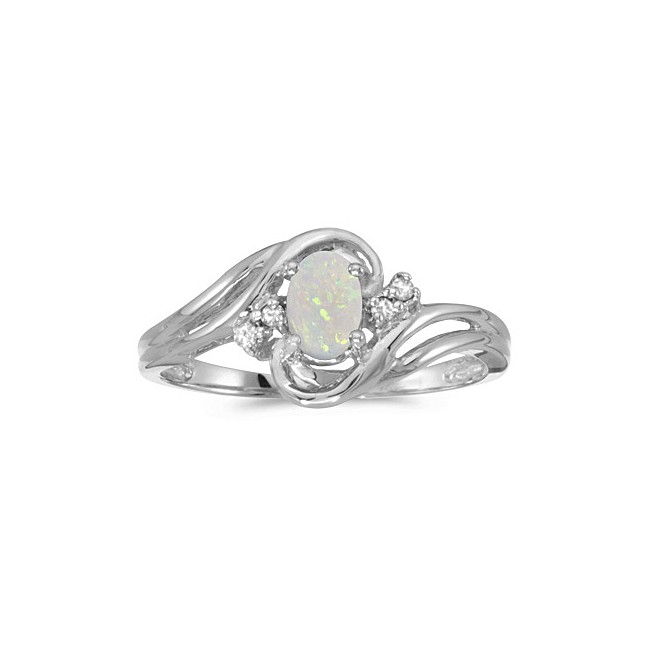 10k White Gold Oval Opal And Diamond Ring