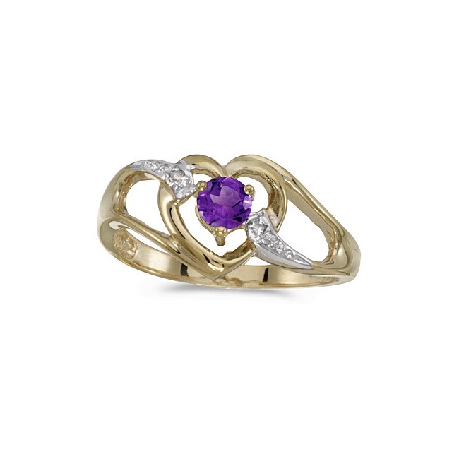 14k Yellow Gold Round Amethyst And Diamond Heart Ring