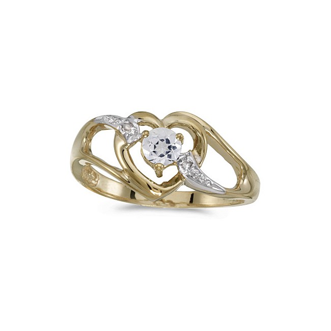 14k Yellow Gold Round White Topaz And Diamond Heart Ring