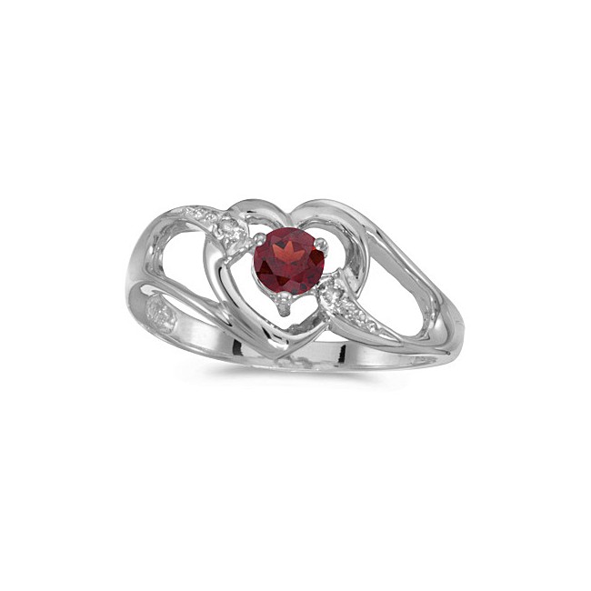 14k White Gold Round Garnet And Diamond Heart Ring