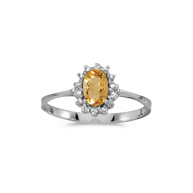 14k White Gold Oval Citrine And Diamond Ring