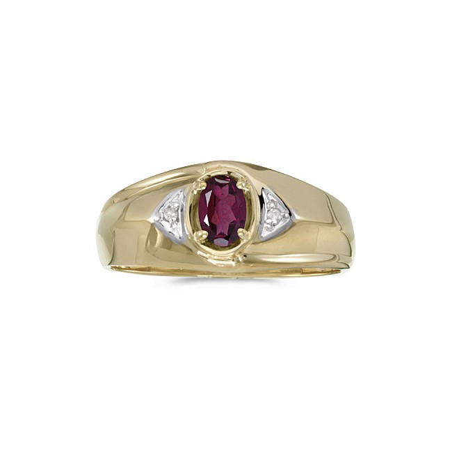 14k Yellow Gold Oval Rhodolite Garnet And Diamond Gents Ring