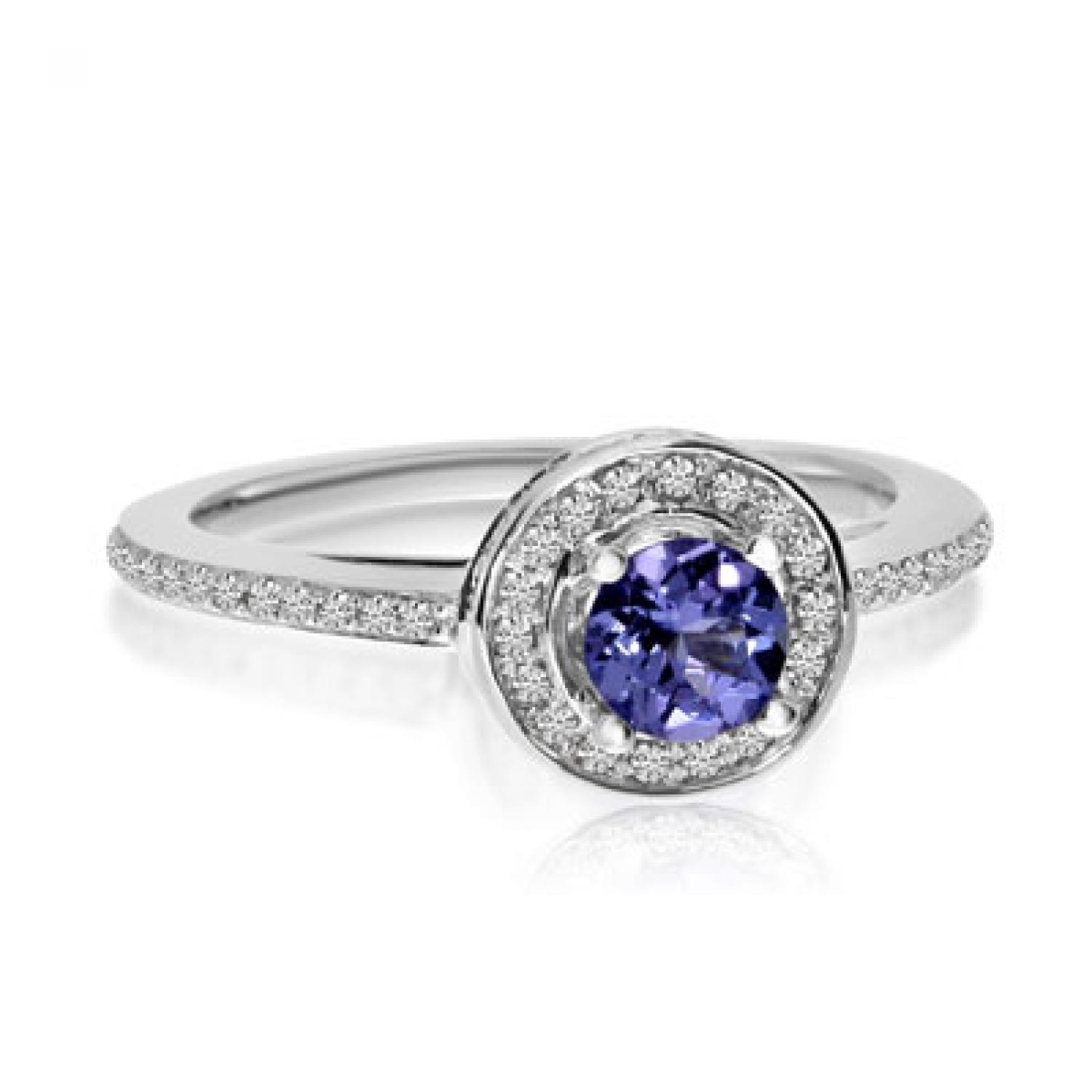 14K White Gold 5mm Round Tanzanite and Diamond Double Circle Fashion Ring