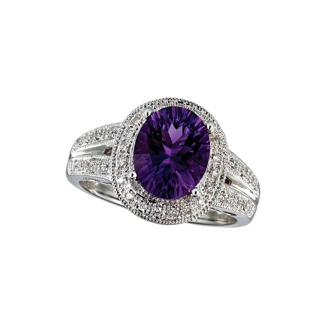 14K White Gold 10x8 Oval Amethyst and Diamond Ring