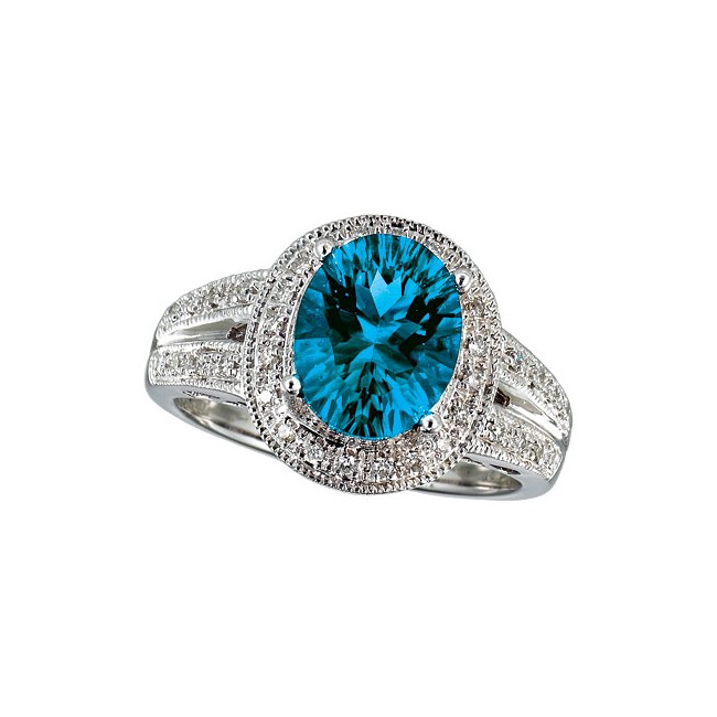 14K White Gold 10x8 Oval Blue Topaz and Diamond Ring