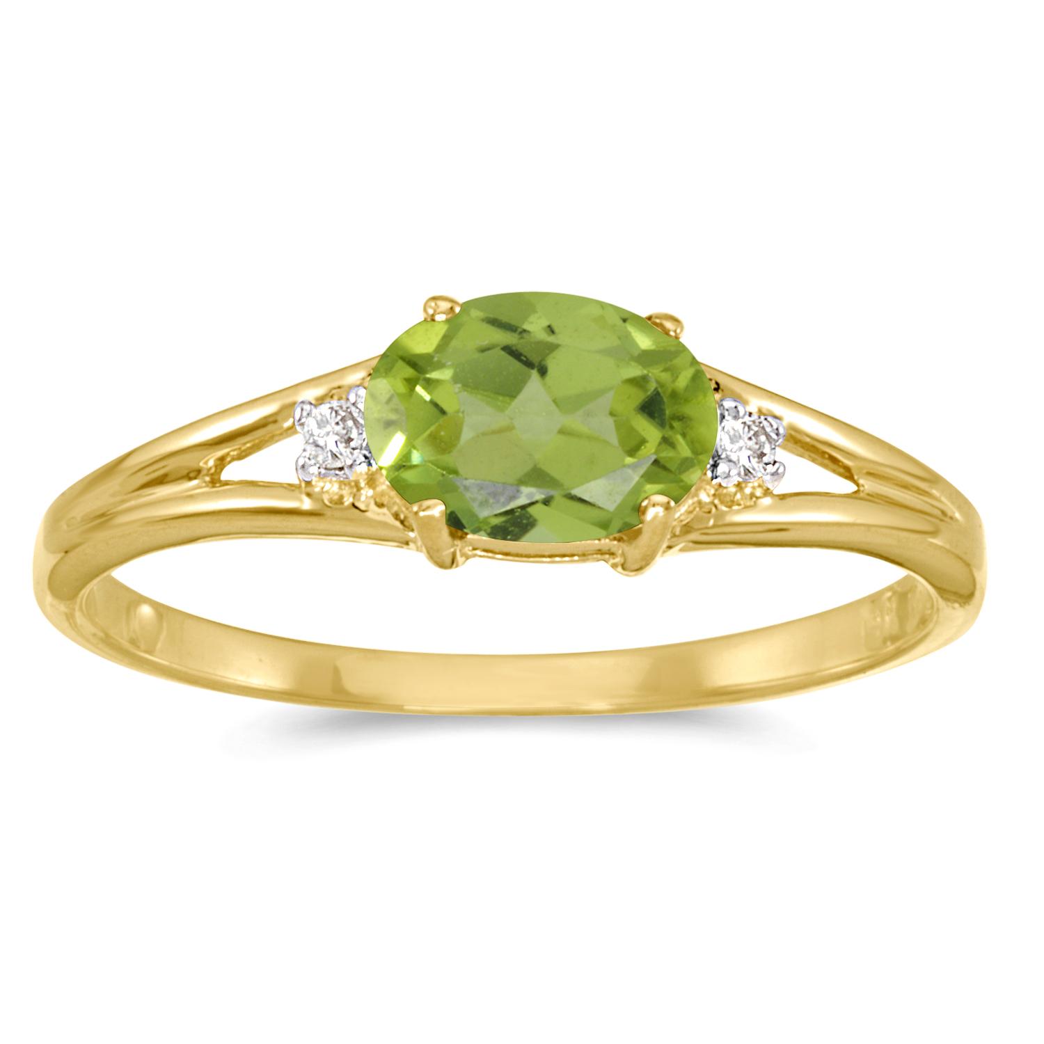 14K Yellow Gold Oval Peridot and Diamond Side Set Birthstone Ring