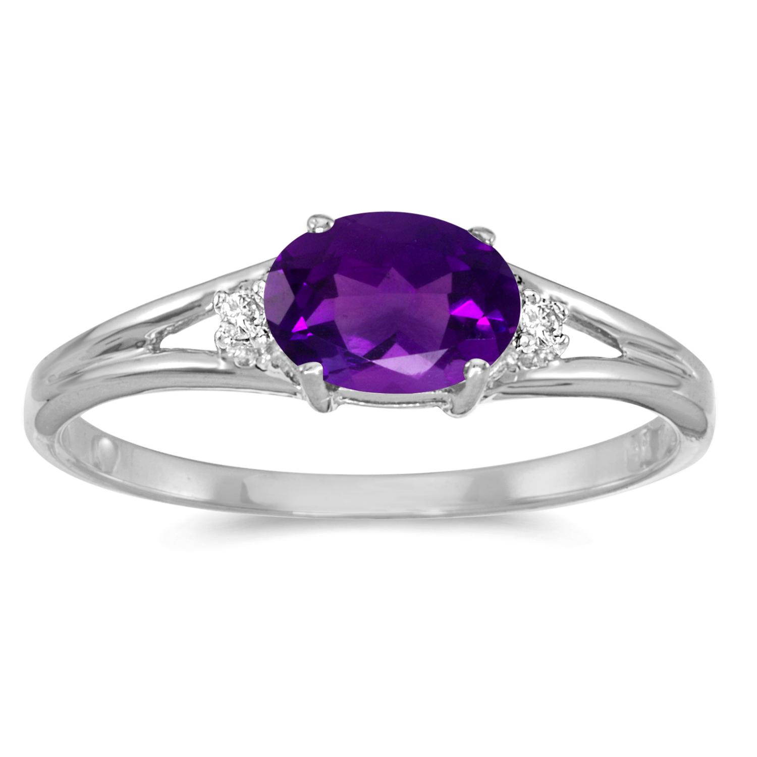 14K White Gold Oval Amethyst and Diamond Side Set Birthstone Ring