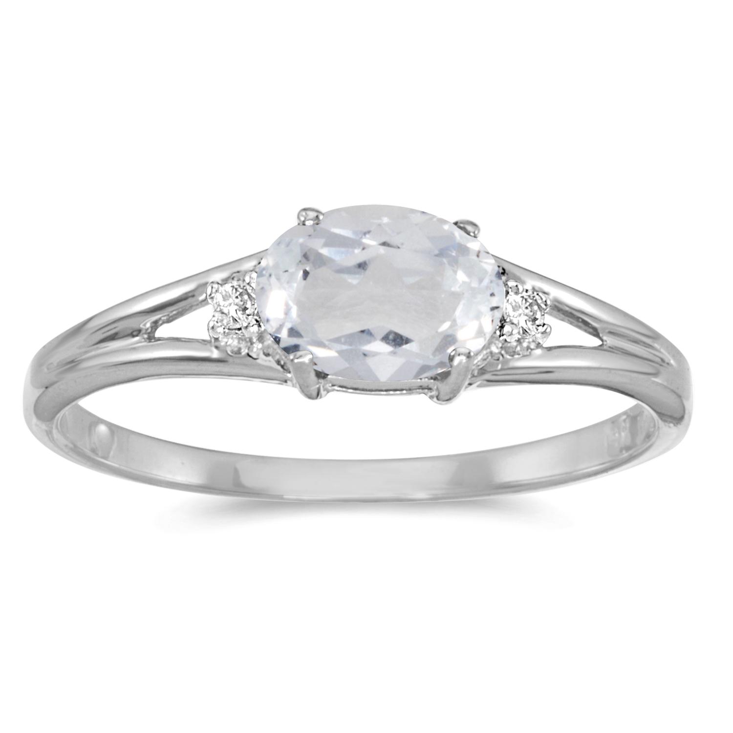 14K White Gold Oval White Topaz and Diamond Side Set Birthstone Ring