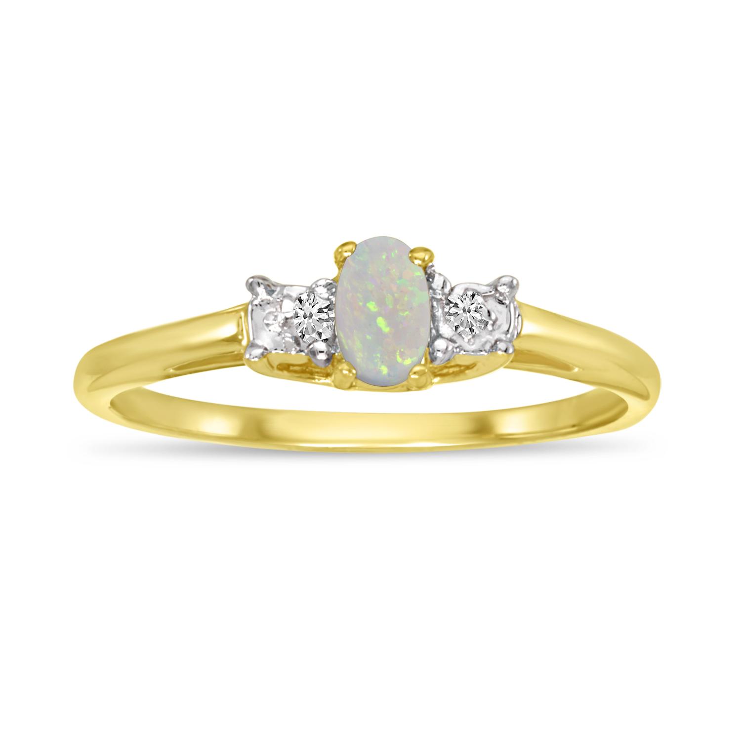 10K Yellow Gold Oval Opal and Diamond Birthstone Ring