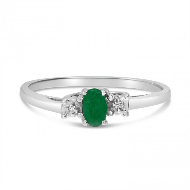 14K White Gold Oval Emerald and diamond accent birthstone ring