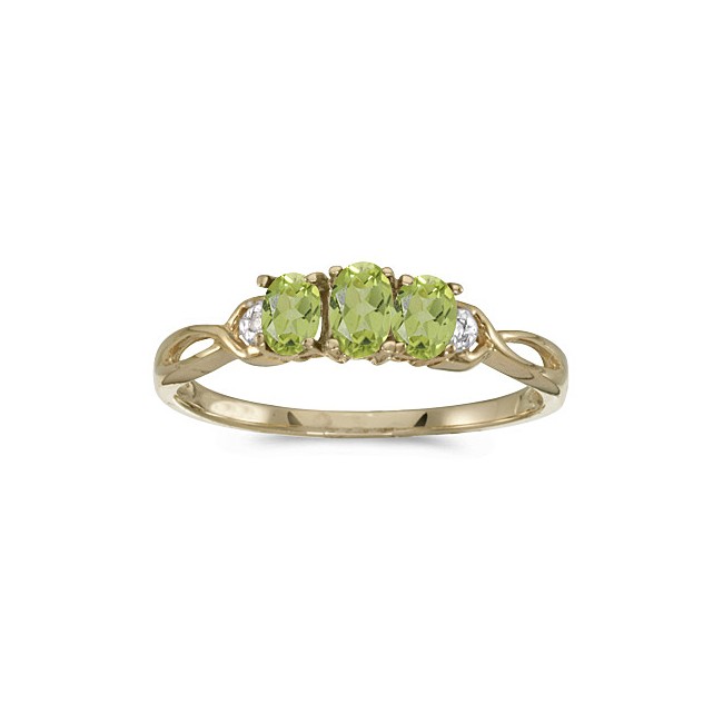 10k Yellow Gold Oval Peridot And Diamond Three Stone Ring