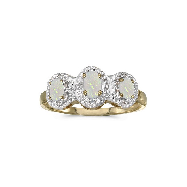 10k Yellow Gold Oval Opal And Diamond Three Stone Ring