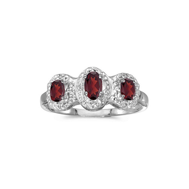 14k White Gold Oval Garnet And Diamond Three Stone Ring