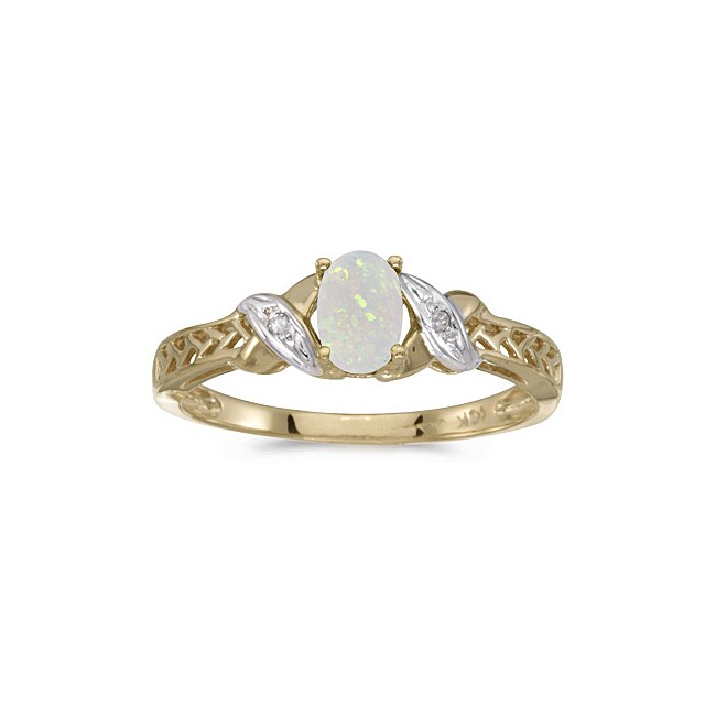 10k Yellow Gold Oval Opal And Diamond Ring