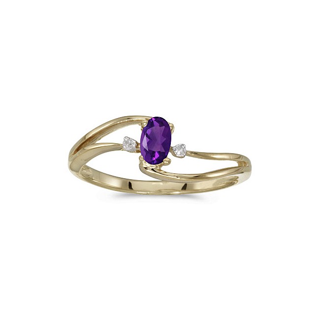 14k Yellow Gold Oval Amethyst And Diamond Wave Ring