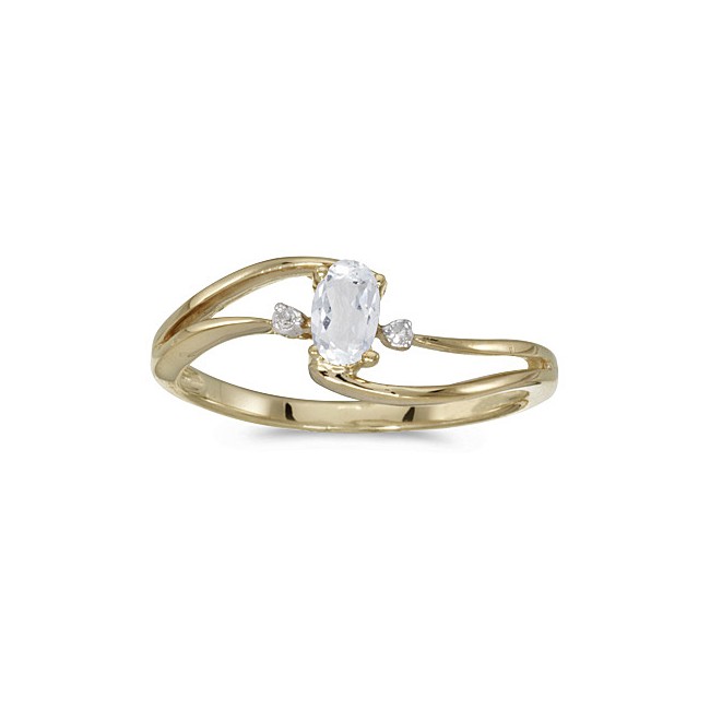 14k Yellow Gold Oval White Topaz And Diamond Wave Ring