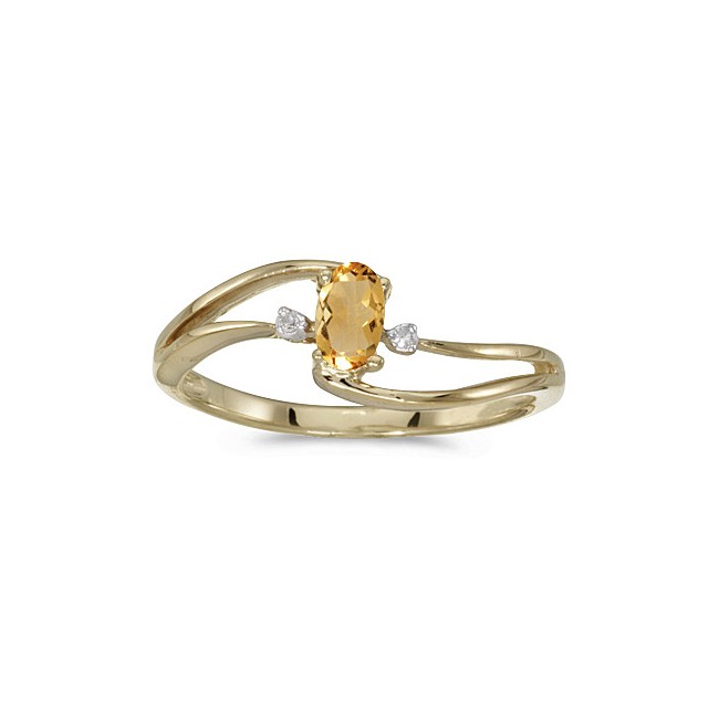 14k Yellow Gold Oval Citrine And Diamond Wave Ring