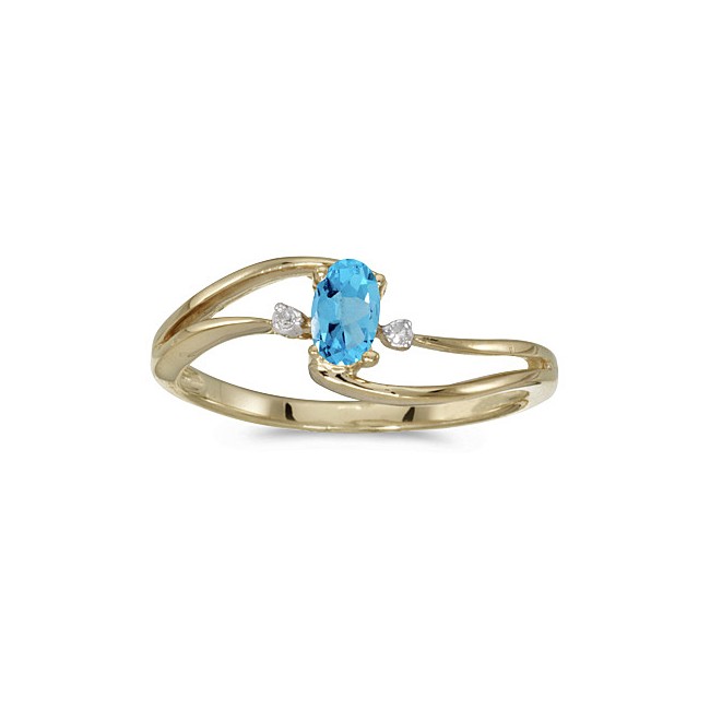 14k Yellow Gold Oval Blue Topaz And Diamond Wave Ring