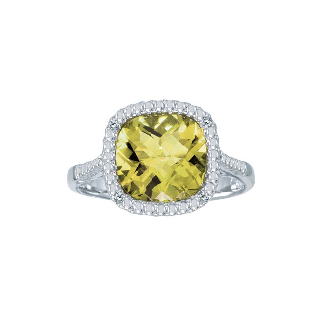 14K White Gold 7 mm Cushion Lemon Quartz and Diamond Ring