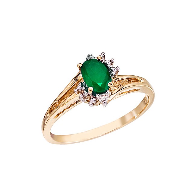 14K Yellow Gold 6x4 Oval Emerald and Diamond Ring