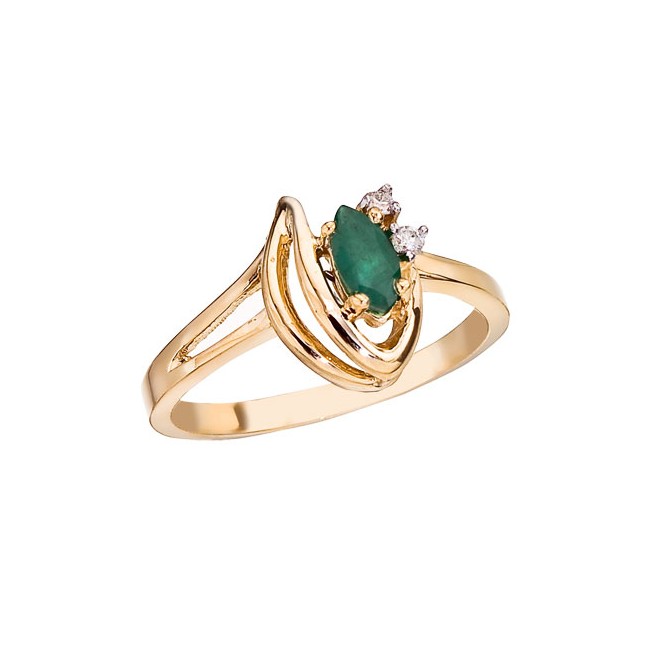 14K Yellow Gold 6x3 Marquise Emerald and Diamond Ring