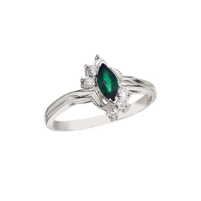 14K White Gold 6x3 Marquise Emerald and Diamond Ring