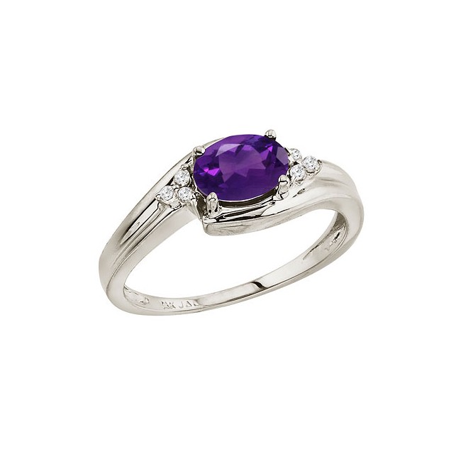 14K White Gold Oval Amethyst and Diamond Side Set Ring