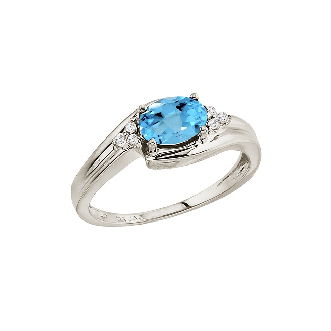 14K White Gold Oval Blue Topaz and Diamond Side Set Ring