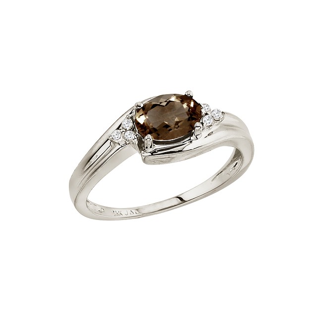 14K White Gold Oval Smoky Topaz and Diamond Side Set Ring