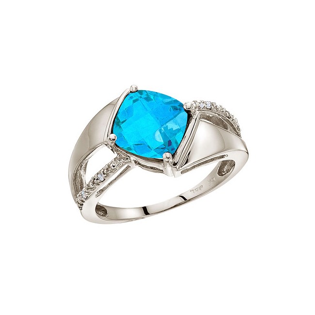 14K White Gold Blue Topaz and Diamond Ring