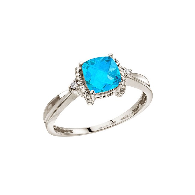 14K White Gold Blue Topaz and Diamond Ring